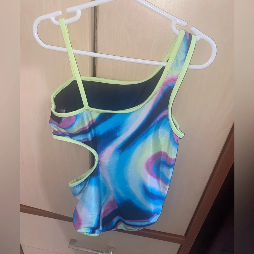 Justice Girls Reversible Cutout One Piece Swimsuit S 7/8 Blue Multicolor